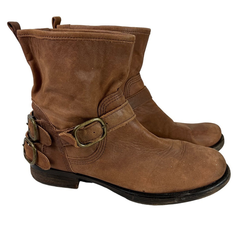 LUCKY BRAND NORTON Tan Brown Ankle Boots Booties Buckles Pull On Shoes sz 7.5